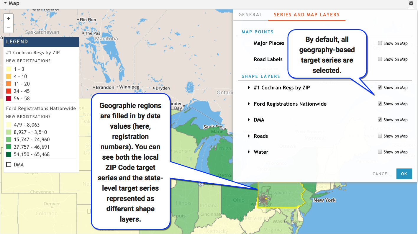 The basic map visualization with configuration dialog box