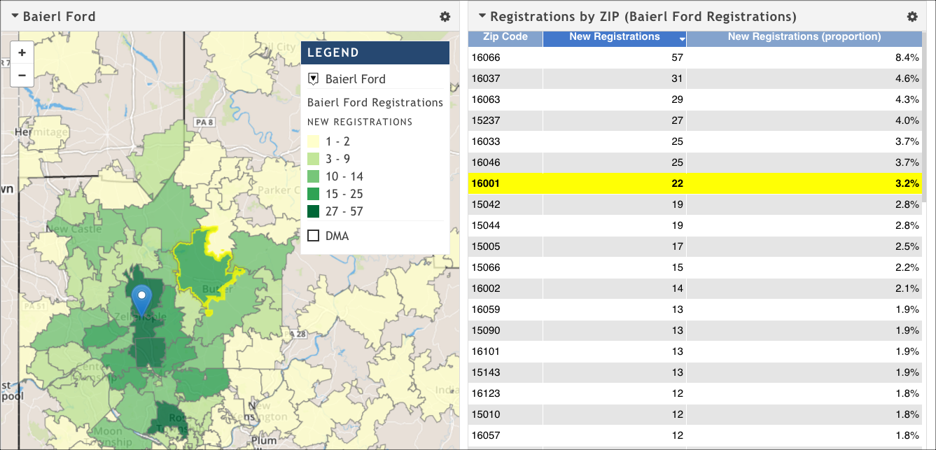 Highlighting a ZIP Code in the map highlights the same ZIP Code in the table