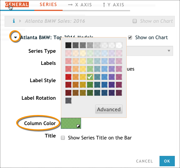 Use the Series tab to change the color of the bars on your chart