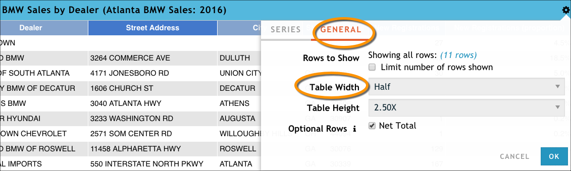 On the General tab of the configuration dialog box, set the Table Width option to Half