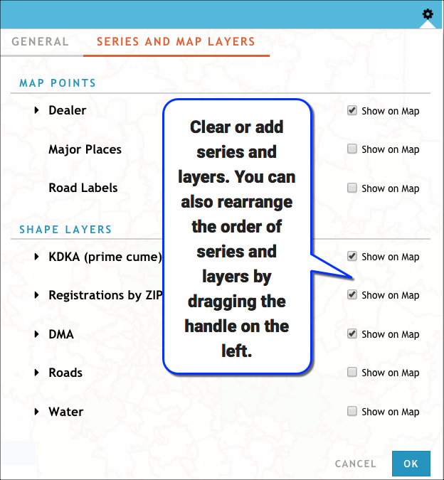 Use the Series and Map Layers tab to determine what target series, points, and shapes to show 