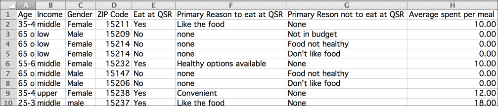 A snipped of a CSV file, shown in Microsoft Excel