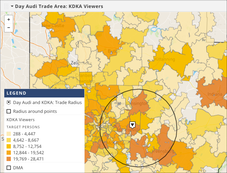 The map shows KDKA viewership by ZIP Code, plus the dealer's trade area