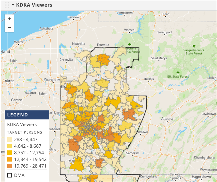 The map shows KDKA watchers broken out by ZIP Code
