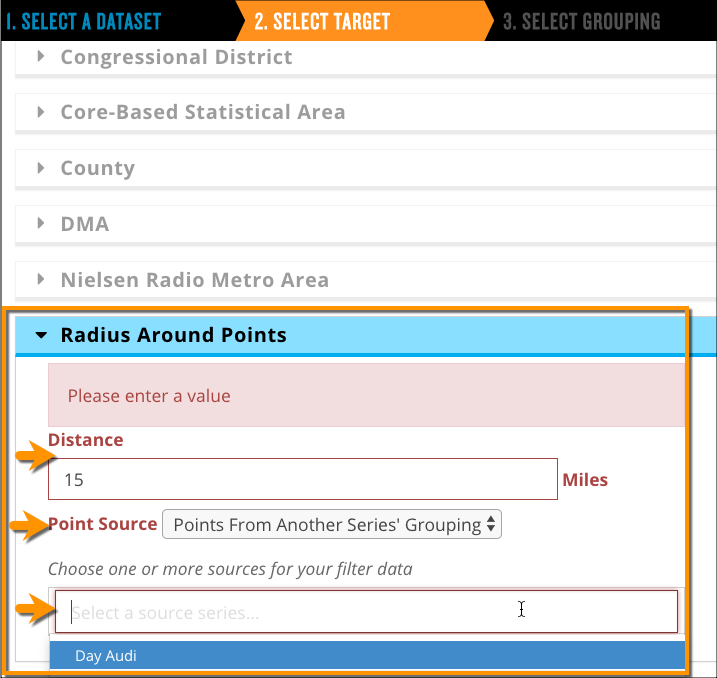 Set the dealer's trade area by using the Radius Around Points attribute