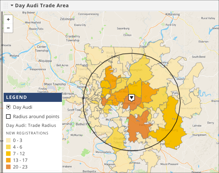 This map shows the trade area for Day Audi