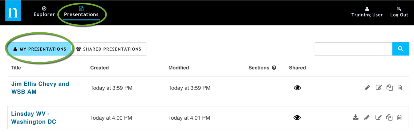 Find your saved presentations on the Presentations tab