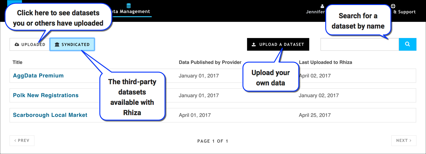 The Data Management tab lets you browse available datasets or upload your own