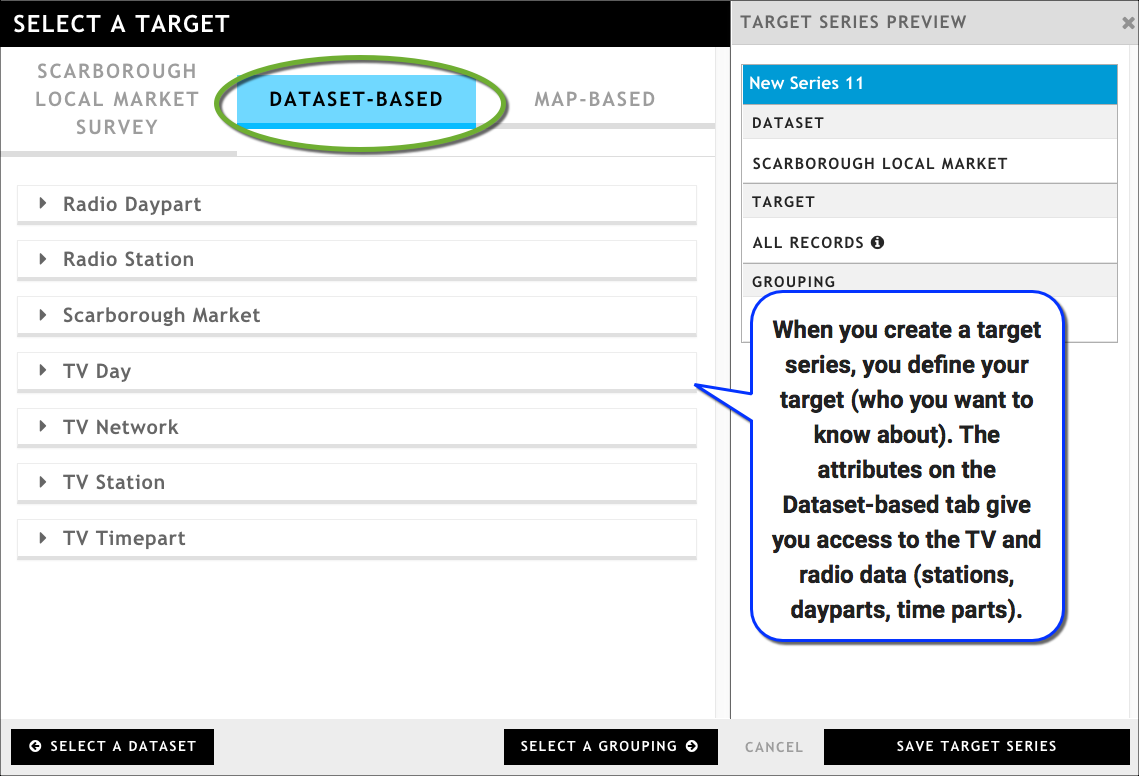 Find local TV and radio data on the Dataset-based tab when defining a target series