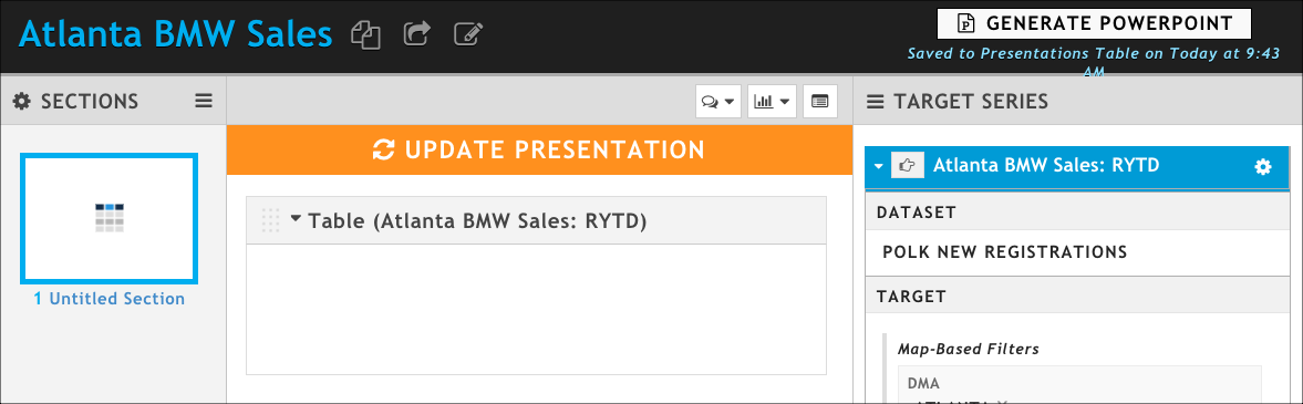 Click the orange Update Presentation button each time you add or modify a target series
