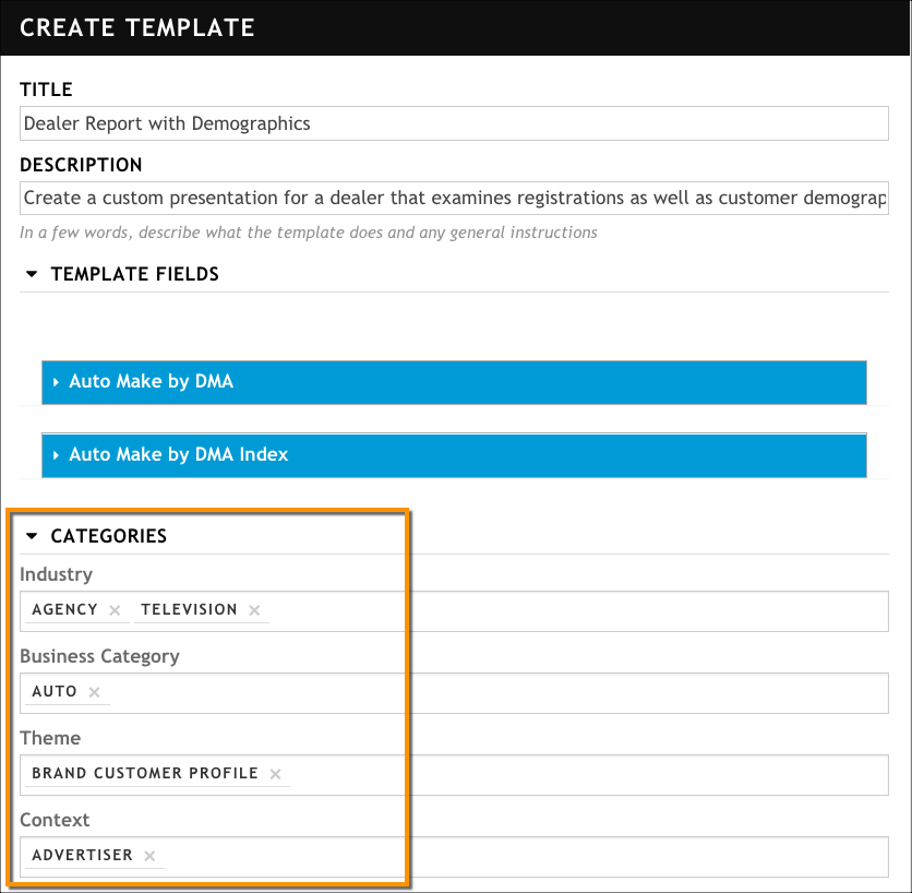 Select the categories for your template so that it is properly visually styled and classified during searches