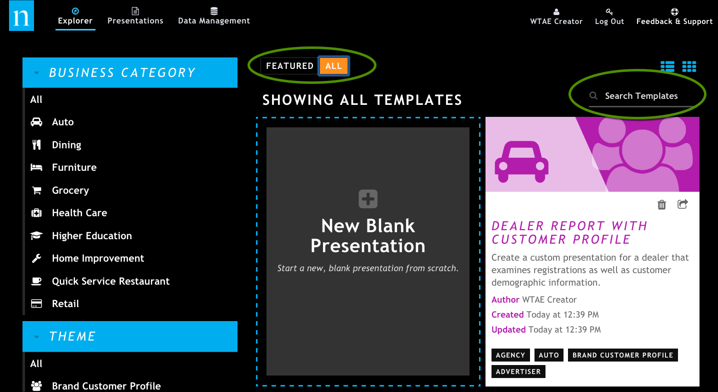 Find your published template on the Sales Explorer by clicking ALL or searching by name