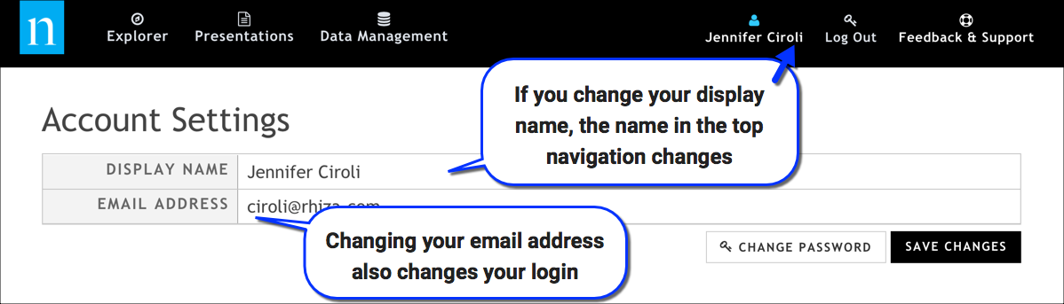 The User Settings tab lets you manage your display name, email address, and password