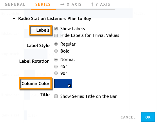 Add labels or change the color of your columns in the Series tab