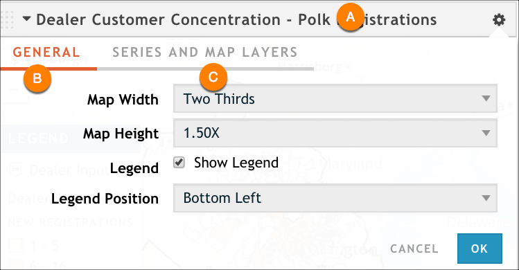 The two tabs available in the map's configuration dialog box