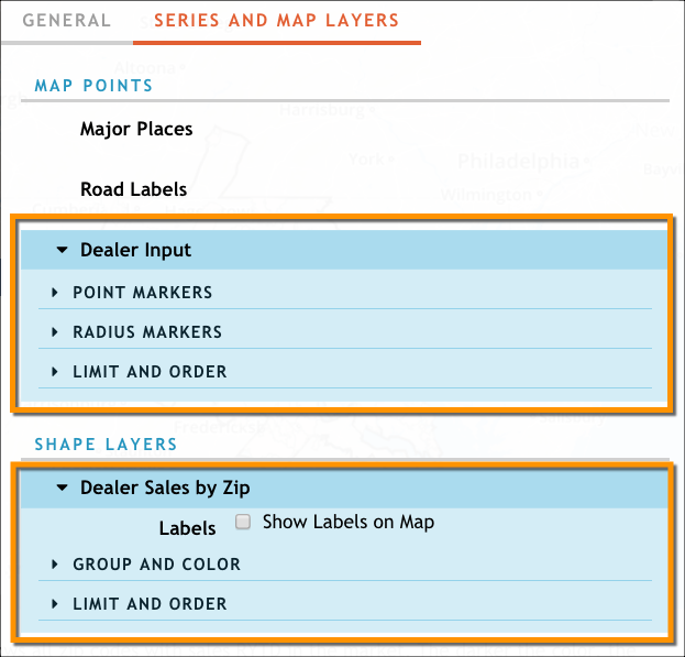 The Series and Map Layers tab in the configuration dialog box