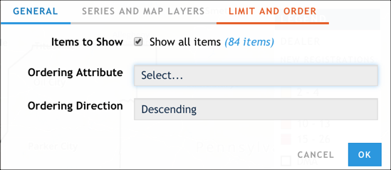 The Limit and Order tab of the map configuration dialog box