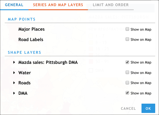 The Series and Map Layers tab of the map configuration dialog box