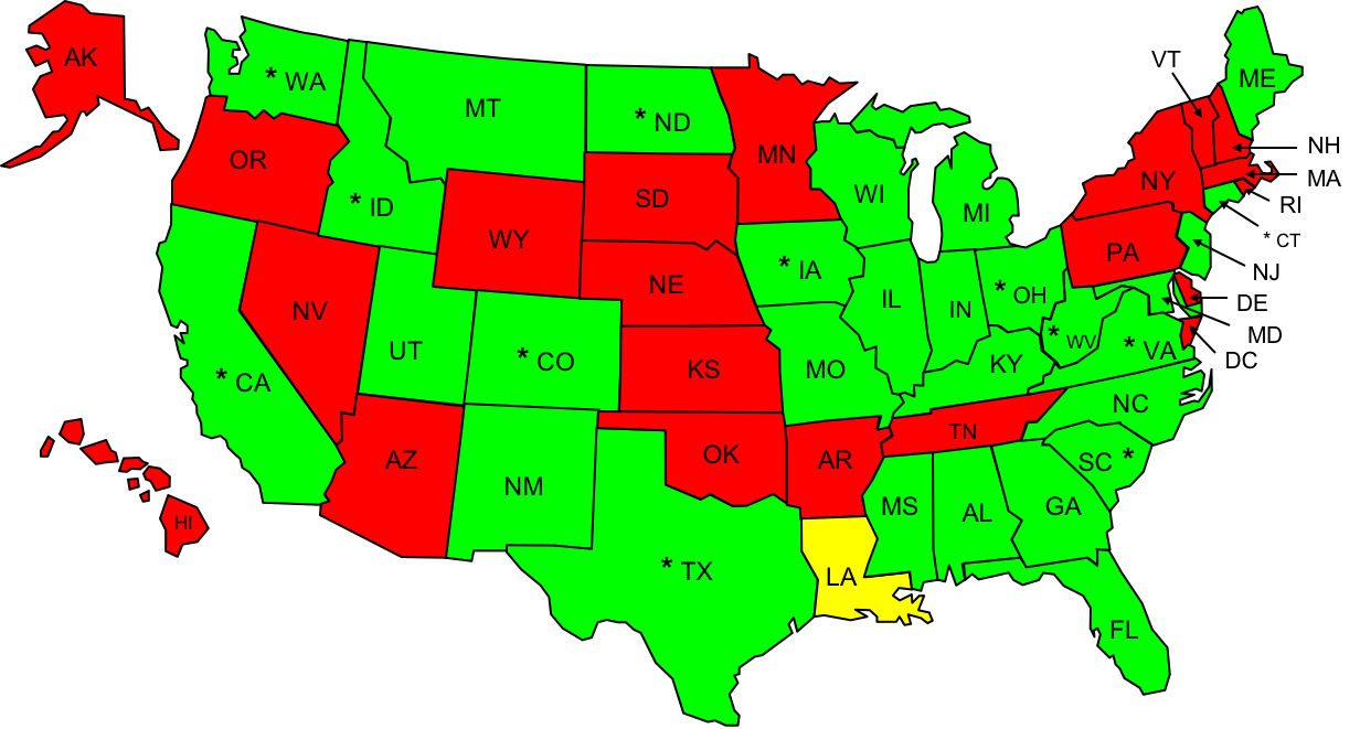 This map shows the participating states and makes and explains anomalies in the data.